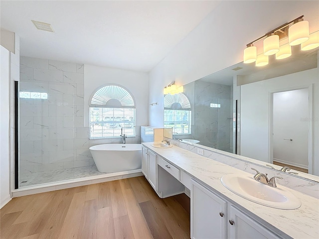 bathroom featuring plus walk in shower, hardwood / wood-style floors, and vanity