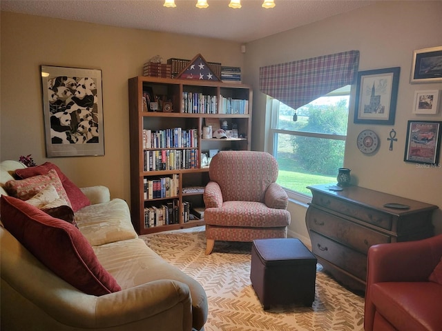 living area featuring a textured ceiling