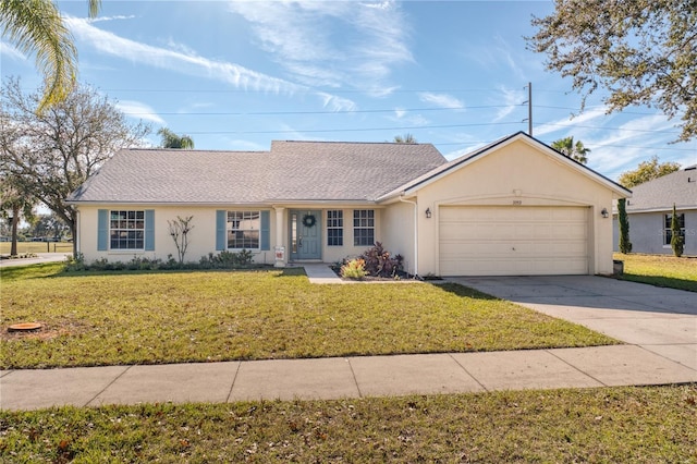 ranch-style house featuring a garage and a front yard