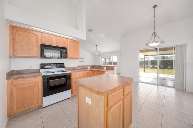 kitchen featuring light brown cabinetry, pendant lighting, light tile patterned floors, a center island, and white range with electric cooktop