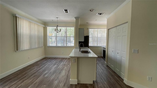 kitchen featuring a healthy amount of sunlight, sink, hanging light fixtures, and a kitchen island with sink