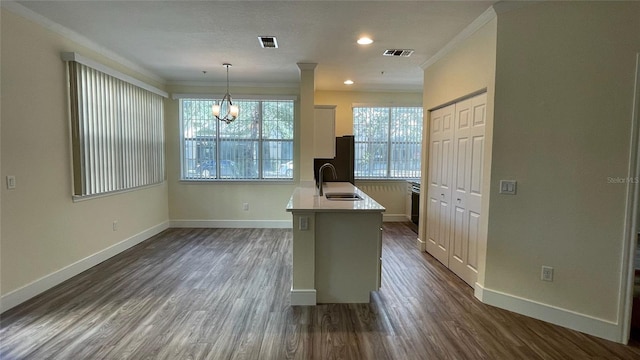 kitchen with sink, hanging light fixtures, ornamental molding, an island with sink, and a notable chandelier