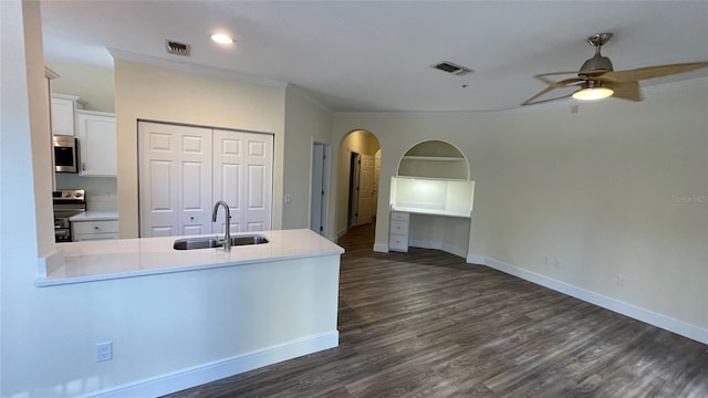 kitchen with ceiling fan, sink, dark hardwood / wood-style floors, white cabinets, and appliances with stainless steel finishes