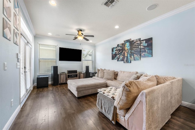 living room featuring ceiling fan, dark wood-type flooring, and ornamental molding