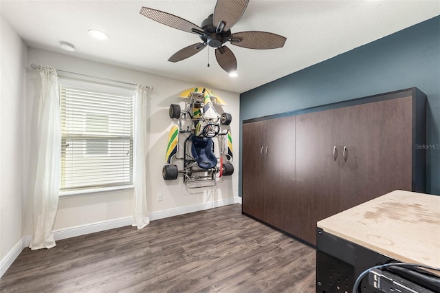 interior space with ceiling fan and dark hardwood / wood-style flooring