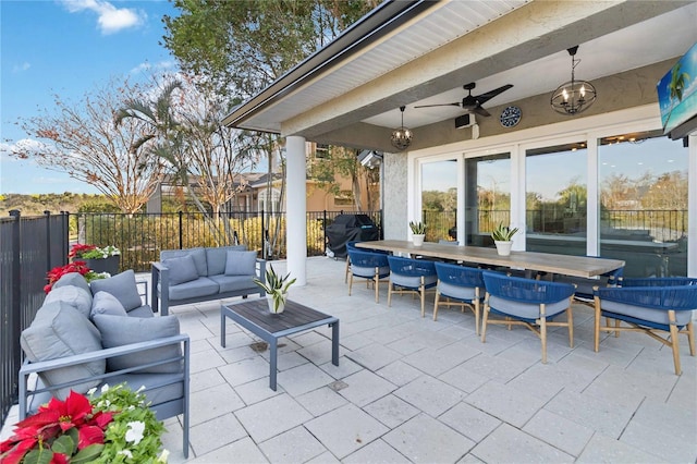 view of patio / terrace with an outdoor hangout area, ceiling fan, and a grill