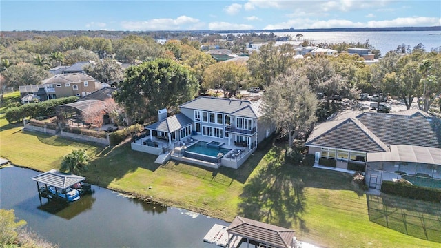 drone / aerial view featuring a water view