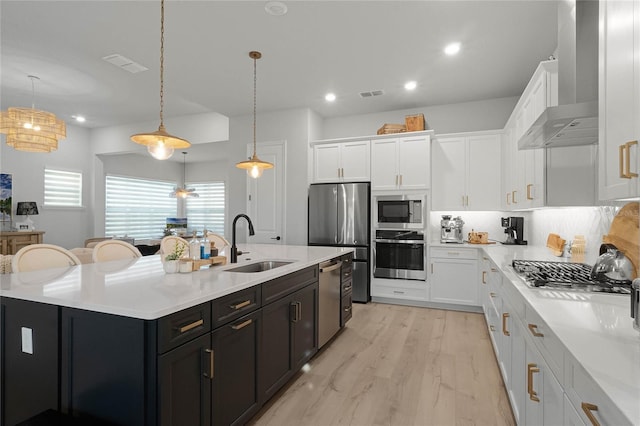 kitchen with appliances with stainless steel finishes, sink, white cabinetry, and an island with sink