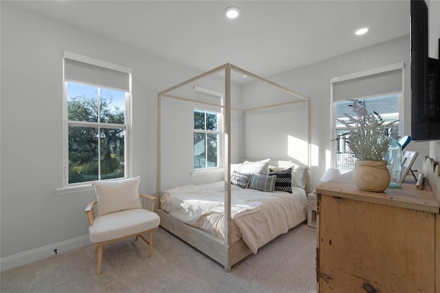 bedroom featuring multiple windows and light colored carpet