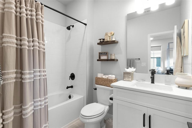 full bathroom with vanity, tile patterned flooring, shower / bathtub combination with curtain, and toilet