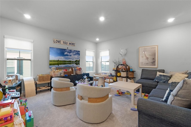 living room featuring light colored carpet