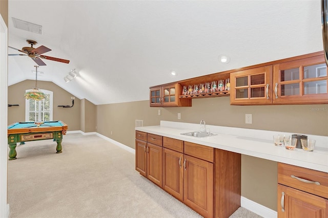 kitchen featuring light carpet, ceiling fan, sink, billiards, and lofted ceiling