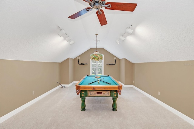 recreation room with carpet, ceiling fan, billiards, and vaulted ceiling