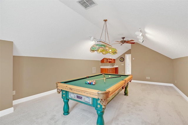 1610 Conway Isle Cir, Belle Isle, FL 32809 - game room with vaulted ceiling, light carpet, ceiling fan, a textured ceiling, and billiards table
