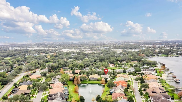 drone / aerial view featuring a water view