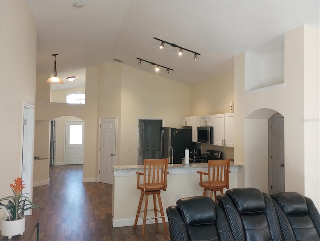 kitchen with kitchen peninsula, appliances with stainless steel finishes, high vaulted ceiling, white cabinets, and dark hardwood / wood-style floors