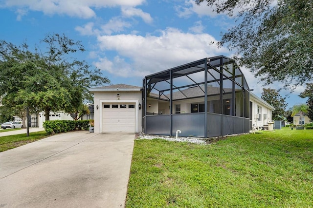 view of property exterior featuring a lawn, glass enclosure, and central AC unit