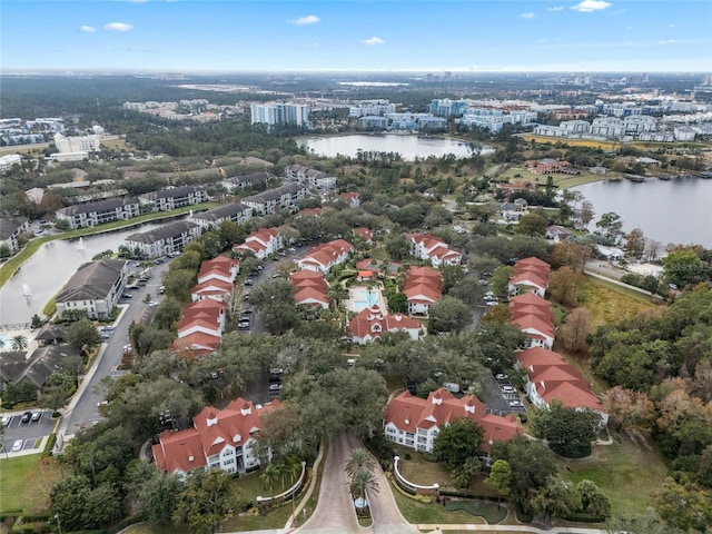 drone / aerial view with a water view