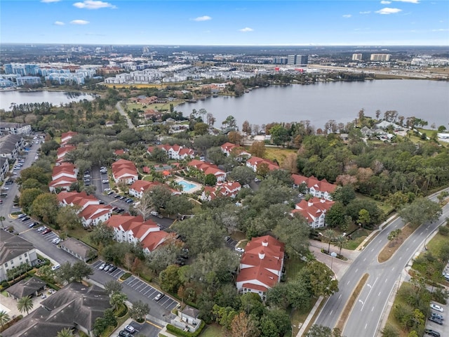 drone / aerial view featuring a water view