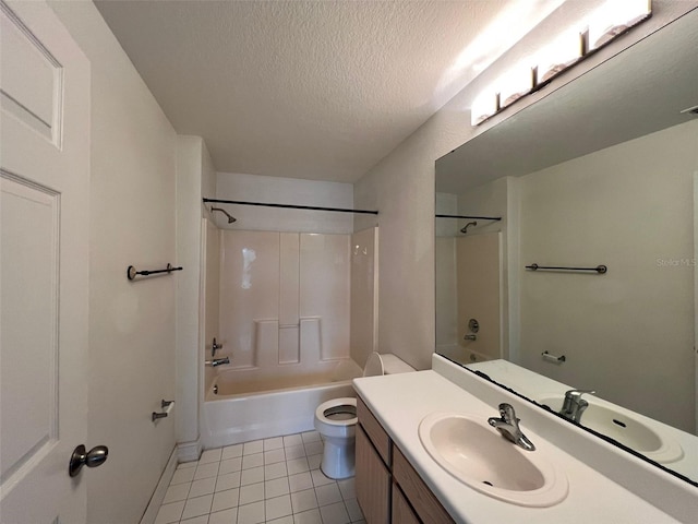 full bathroom with vanity, shower / bath combination, a textured ceiling, and toilet