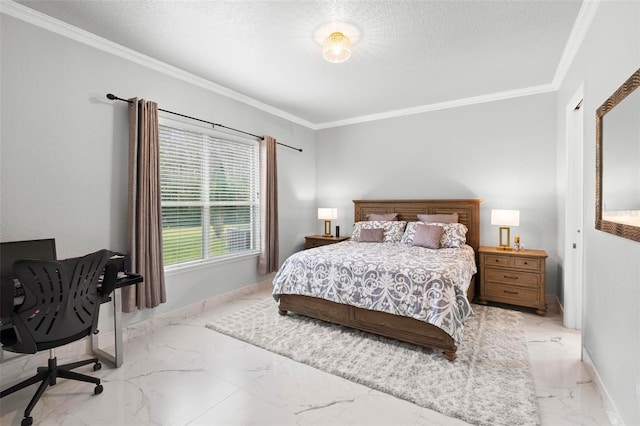 bedroom featuring ornamental molding and a textured ceiling