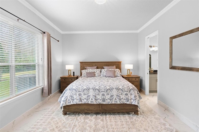 bedroom with connected bathroom and ornamental molding