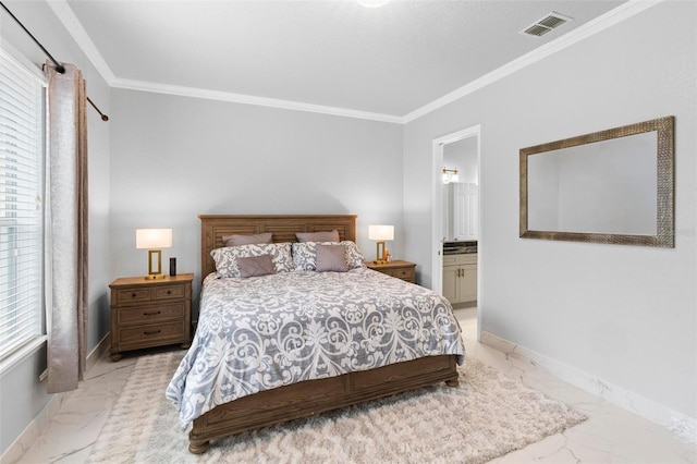 bedroom with connected bathroom, multiple windows, and crown molding