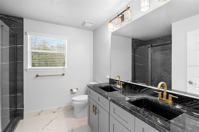 bathroom featuring vanity, a textured ceiling, toilet, and walk in shower