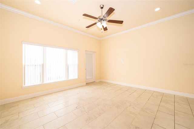 empty room with ceiling fan and ornamental molding