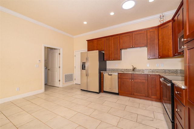 kitchen featuring sink, light stone countertops, ornamental molding, and appliances with stainless steel finishes