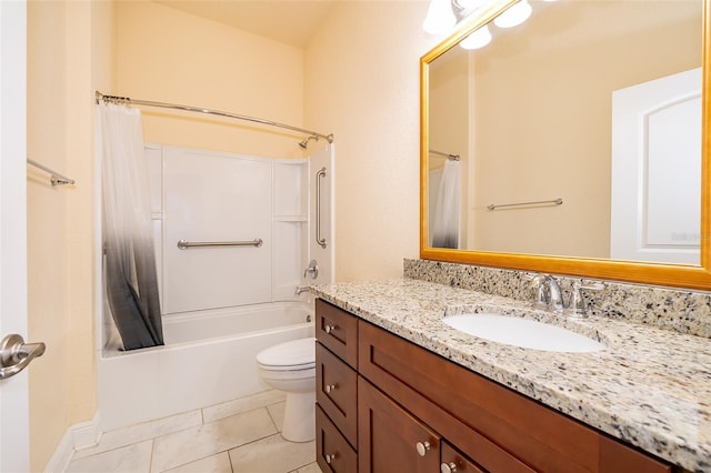 full bathroom featuring toilet, tile patterned floors, vanity, and shower / tub combo with curtain