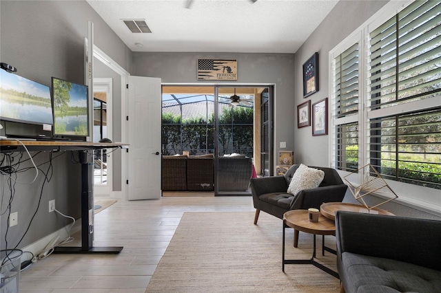 interior space featuring a healthy amount of sunlight, a textured ceiling, and light hardwood / wood-style floors