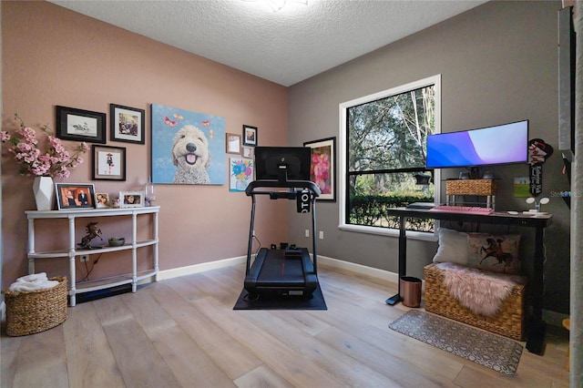 exercise area featuring a textured ceiling and light hardwood / wood-style flooring