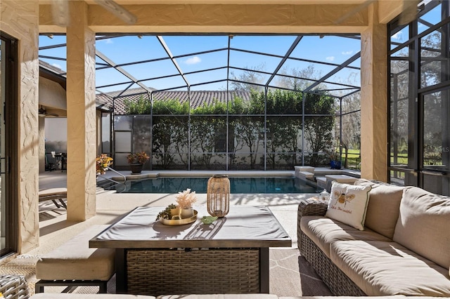 view of patio with a lanai and outdoor lounge area