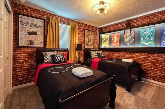 bedroom with carpet flooring and brick wall