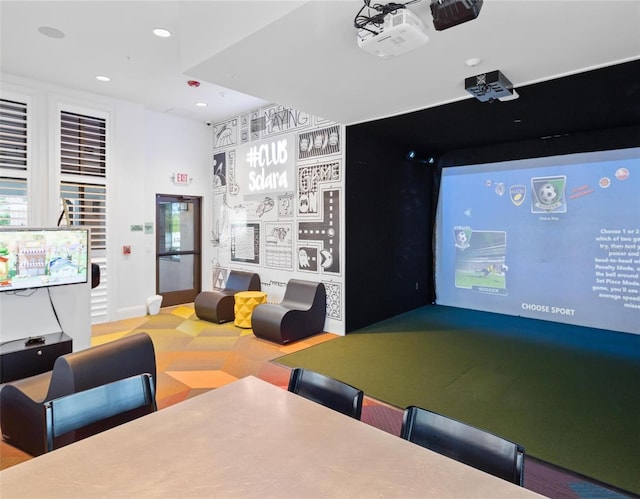 game room featuring carpet flooring and golf simulator