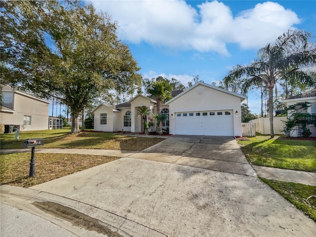 single story home featuring a front lawn and a garage