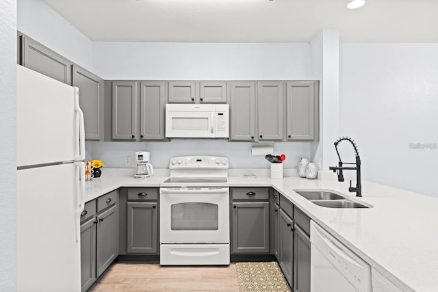 kitchen with sink, white appliances, and gray cabinets