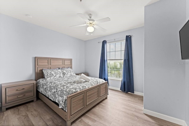 bedroom featuring ceiling fan and light hardwood / wood-style floors