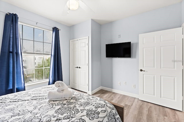 bedroom featuring ceiling fan and light hardwood / wood-style floors