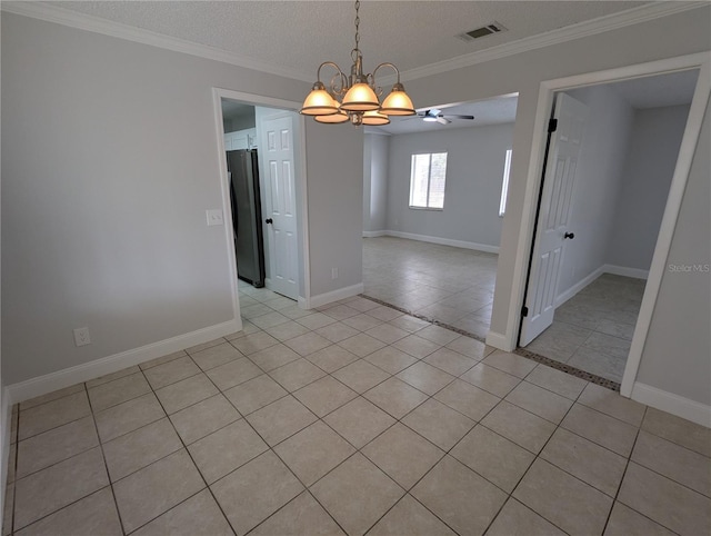 unfurnished dining area featuring a textured ceiling, crown molding, light tile patterned flooring, and ceiling fan with notable chandelier