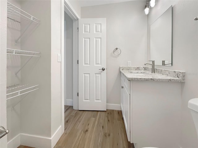 bathroom with hardwood / wood-style floors, vanity, and toilet