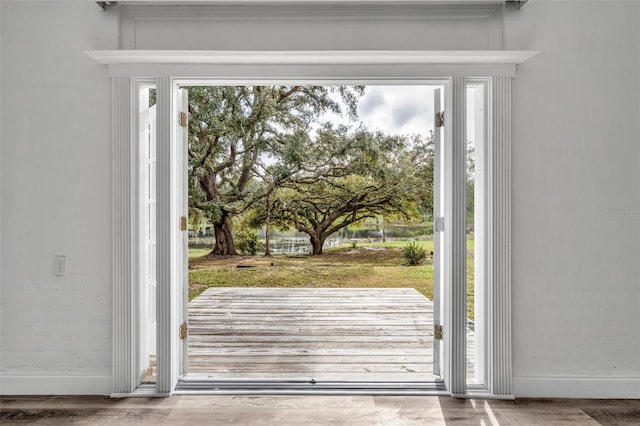 doorway with hardwood / wood-style flooring