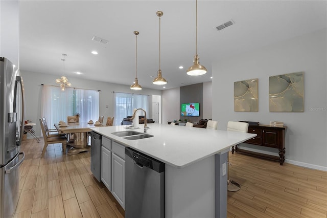 kitchen featuring a kitchen island with sink, sink, appliances with stainless steel finishes, decorative light fixtures, and a breakfast bar area