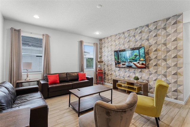 living room with a textured ceiling