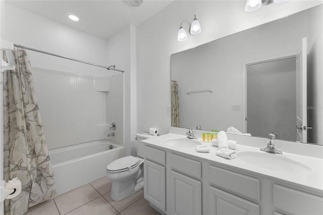 full bathroom with toilet, vanity, tile patterned floors, and shower / bath combo with shower curtain