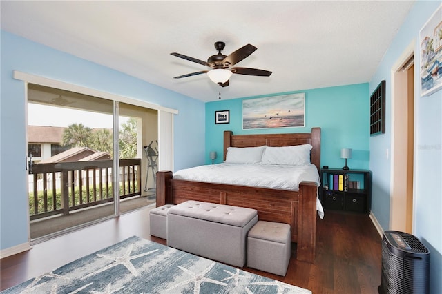 bedroom with ceiling fan, dark hardwood / wood-style flooring, and access to outside