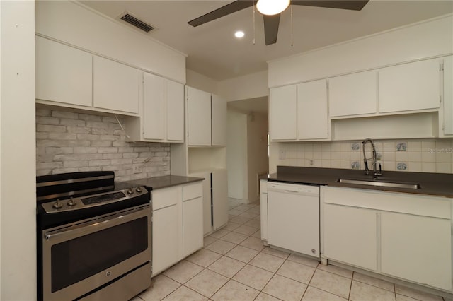 kitchen with sink, white cabinetry, electric range, dishwasher, and backsplash