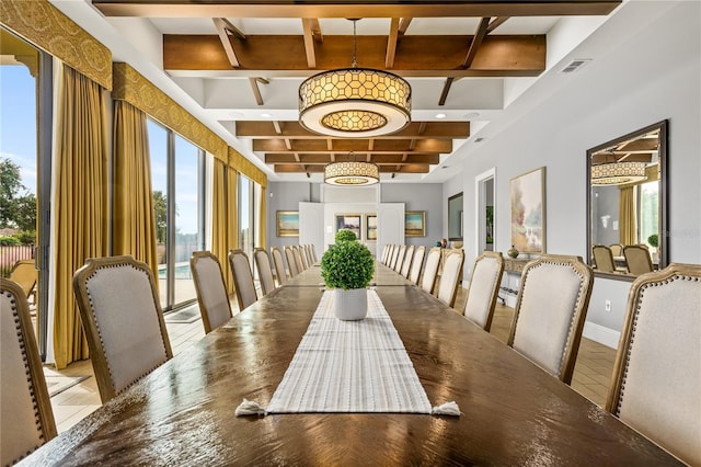 dining area featuring beamed ceiling, light hardwood / wood-style floors, coffered ceiling, and a notable chandelier