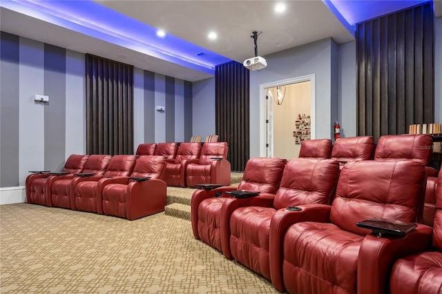 home theater room featuring carpet flooring